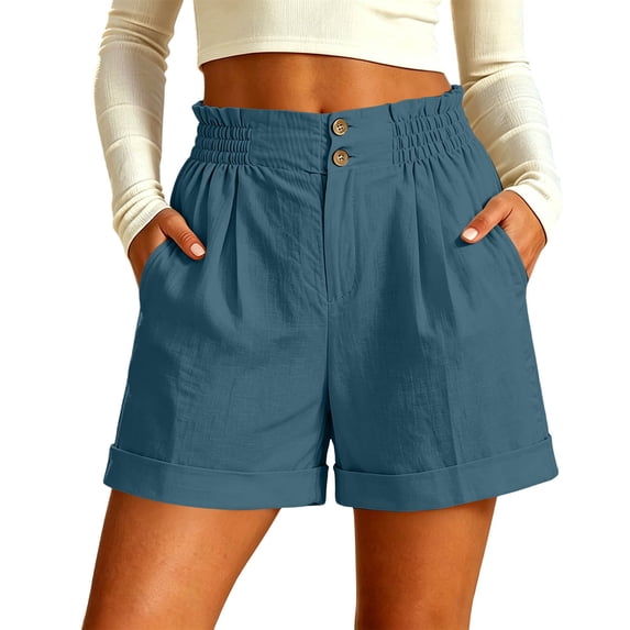 Hurxie Womens Summer High Waisted Cuffed Shorts Back Elastic Waistband Pleated Linen Shorts with Pockets Light Blue,M
