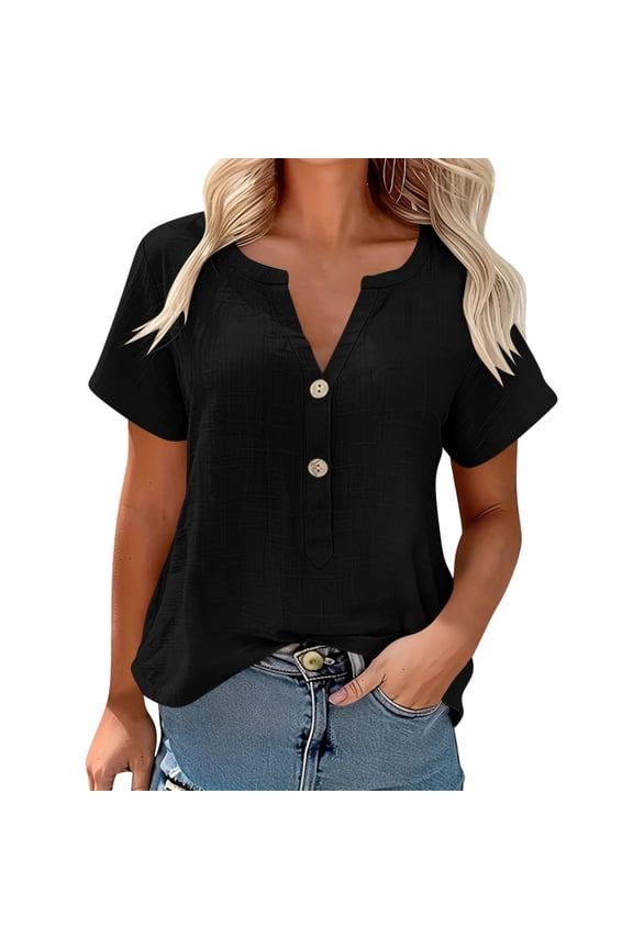 Womens Summer Tops Spring Short Sleeve V Neck True Classic T Shirt Casual Cute Fashion Beach Vacation Clothes Black,M