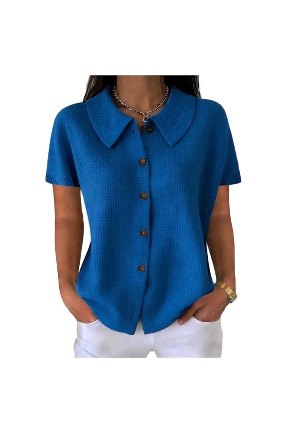 Womens Summer Tops Waffle Knit Button Down Shirts Casual V Neck Short Sleeve Shacket Jacket Dressy Blouses Blue,2XL