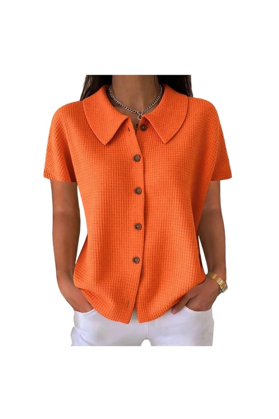 Womens Summer Tops Waffle Knit Button Down Shirts Casual V Neck Short Sleeve Shacket Jacket Dressy Blouses Orange,L