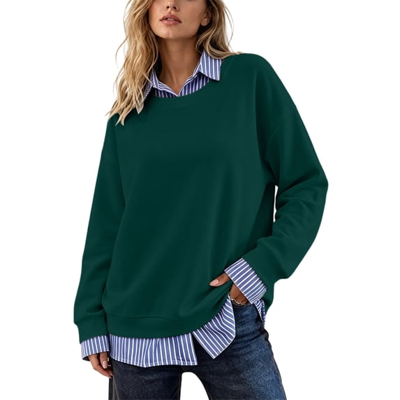 Hurxie Womens Sweatshirt Casual 2 in 1 Striped Patchwork Collar Tops Shirts Business Casual Fall Outfits for Women
