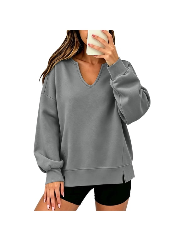 Womens Sweatshirts Long Sleeve V Neck Tops Fall Winter Basic Casual Lightweight Pullover Shirt Gray,M
