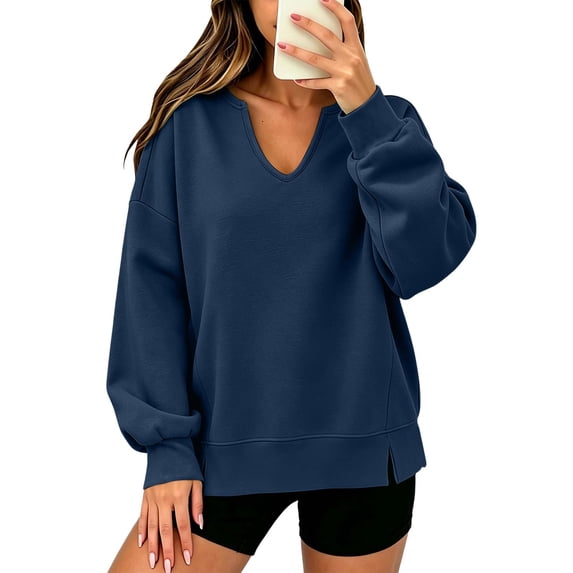 Hurxie Womens Sweatshirts Long Sleeve V Neck Tops Fall Winter Basic Casual Lightweight Pullover Shirt Navy,XL