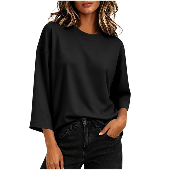 Hurxie Womens T-Shirt Casual 3/4 Sleeve Boxy Tops Loose Fit Crew Neck Basic Shirts Black,XL