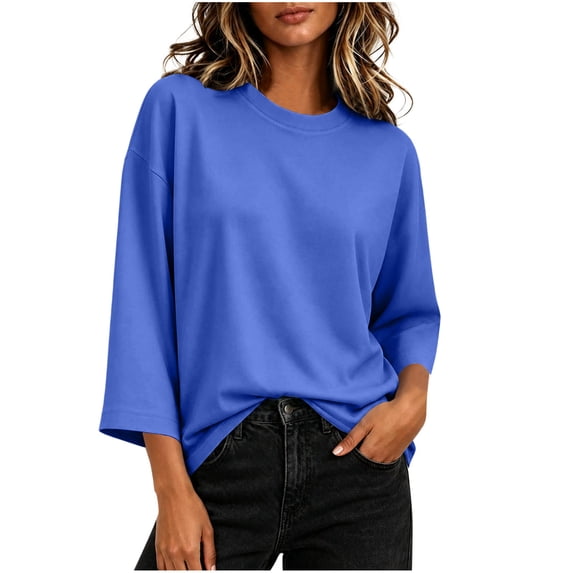 Hurxie Womens T-Shirt Casual 3/4 Sleeve Boxy Tops Loose Fit Crew Neck Basic Shirts Blue,L
