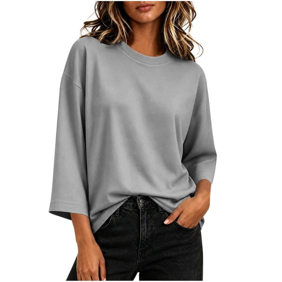 Hurxie Womens T-Shirt Casual 3/4 Sleeve Boxy Tops Loose Fit Crew Neck Basic Shirts Gray,L