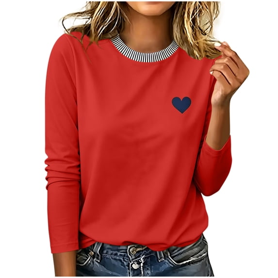 Hurxie Womens Tops Crewneck Soft Long Sleeve Shirts Fall Clothes Casual Tshirts Basic Tee Red,5XL