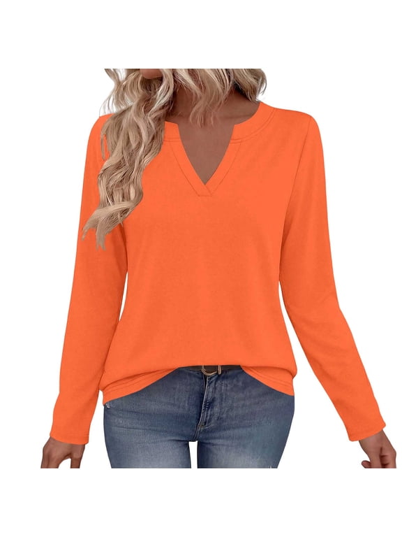Womens Tops Long Sleeve V Neck Tee Shirts Cute Dressy Casual Business Work Blouse,Basic Clothing,Elegant Fall Fashion Orange,L
