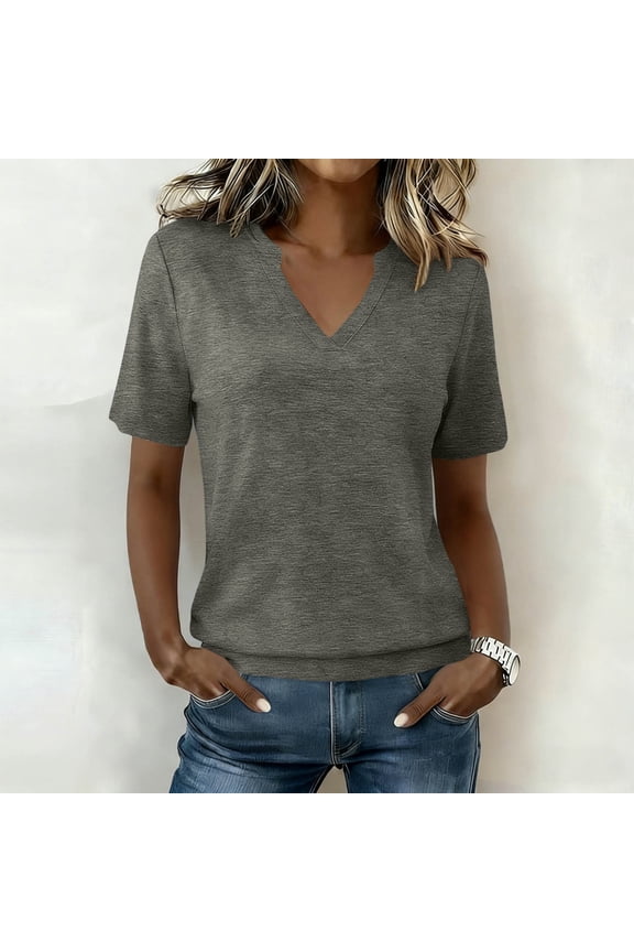 Womens Tops Short Sleeve Banded Bottom Summer Tops V Neck T Shirts Casual Ladies Tees Loose Fit Clothing Gray,L