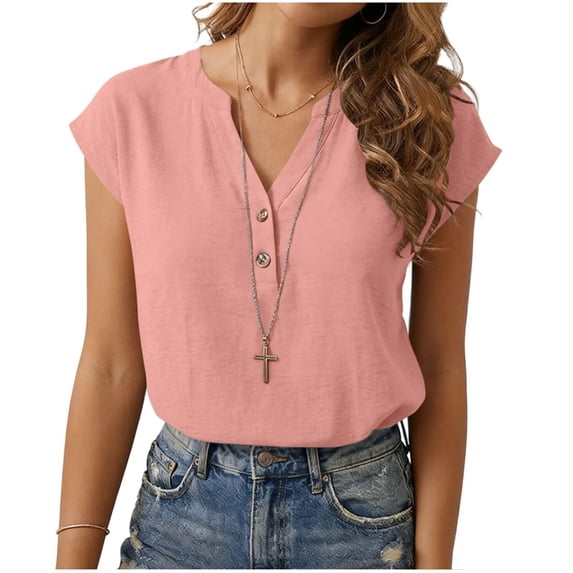 Hurxie Womens Tops Trendy V Neck Button Down Short Sleeve Tshirts Business Casual Basic Tee Loose Fit Pink,2XL