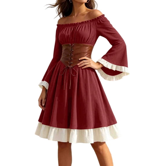 Hurxie Womens Traditional Irish Dress Renaissance Medieval Costume Flare Sleeve Corset Halloween Victorian Short Dress