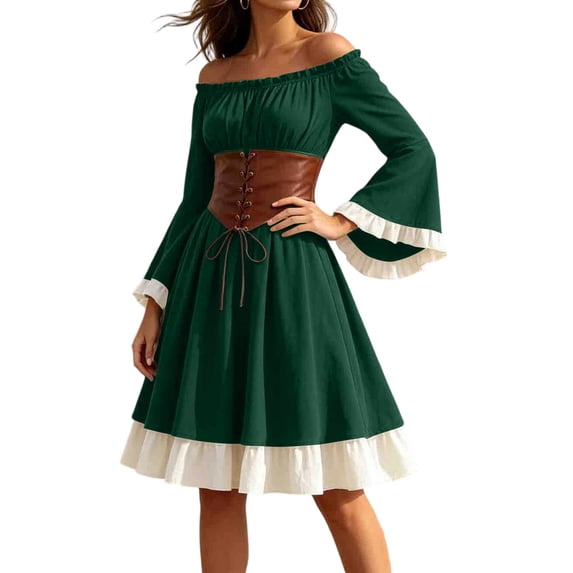 Hurxie Womens Traditional Irish Dress Renaissance Medieval Costume Flare Sleeve Corset Halloween Victorian Short Dress