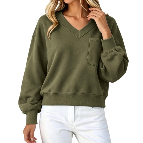 Hurxie Womens V Neck Cropped Sweatshirt Casual Pullover Tops Cropped Length with Chest Pocket Drop Shoulder Casual Fall Style Army Green,XL