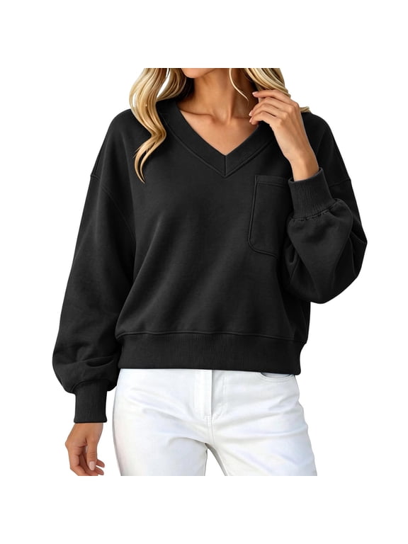 Womens V Neck Cropped Sweatshirt Casual Pullover Tops Cropped Length with Chest Pocket Drop Shoulder Casual Fall Style Black,M
