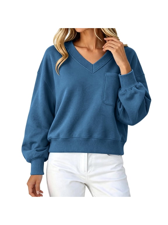 Womens V Neck Cropped Sweatshirt Casual Pullover Tops Cropped Length with Chest Pocket Drop Shoulder Casual Fall Style Blue,XL