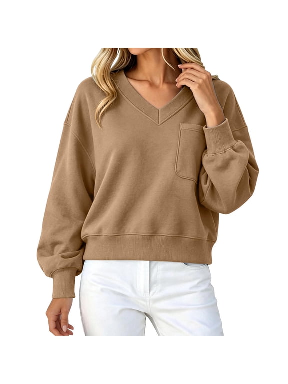 Womens V Neck Cropped Sweatshirt Casual Pullover Tops Cropped Length with Chest Pocket Drop Shoulder Casual Fall Style Khaki,M