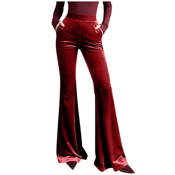 Hurxie Womens Velvet Wide Leg Pants Elastic High Waisted Palazzo Pants Business Work Casual Trousers with Pockets Red S