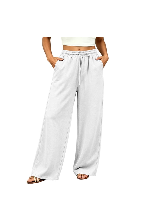 Womens Wide Leg Fleece Lined Sweatpants – Low Rise Drawstring Baggy Cotton Lounge Pants with Pockets, Warm and Cozy White,L