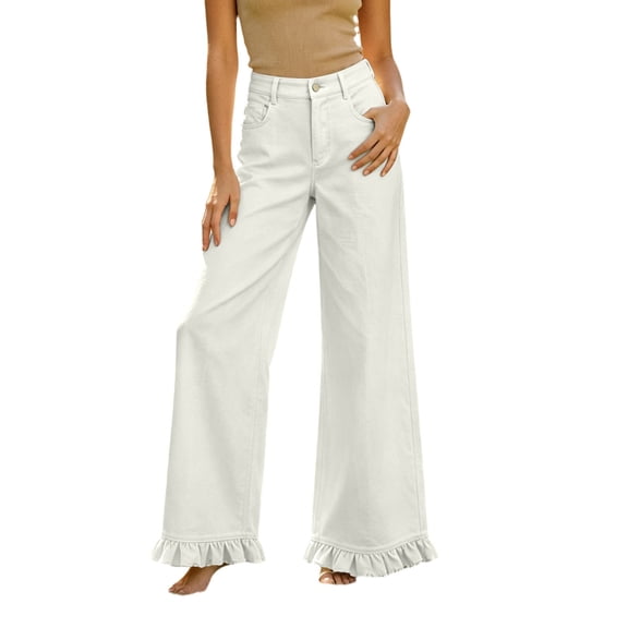 Hurxie Womens Wide Leg Pants Drawstring Elastic High Waisted Ruffle Hem Palazzo Pants with Pockets White,S