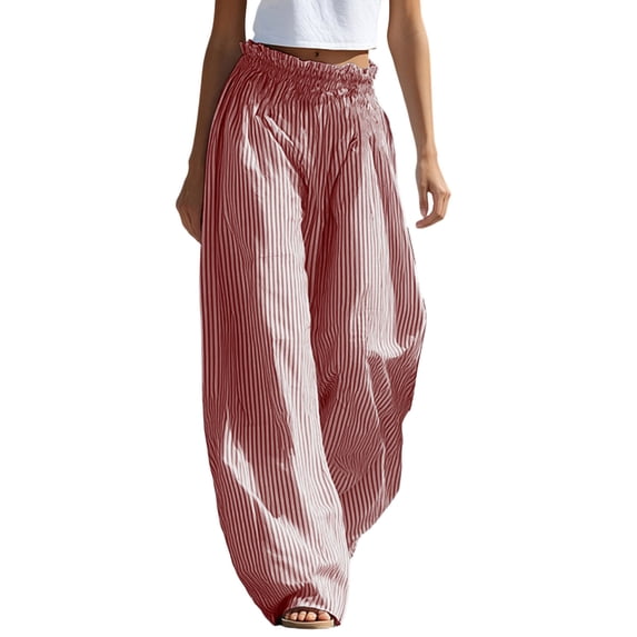 Hurxie Womens Wide Leg Striped Pants Casual Barrel Loose Drawstring Low Waist Palazzo Harem Pants with Pockets Red,S