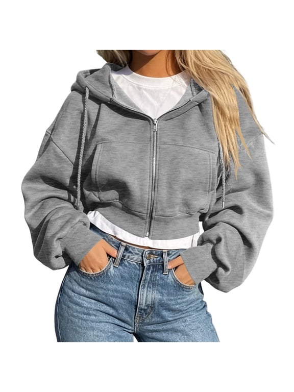 Womens Zip Up Hoodies Cropped Jackets Fall Outfits | lightweight comfort material, casual travel winter clothes with pockets, airport workout athletic Gray,2XL
