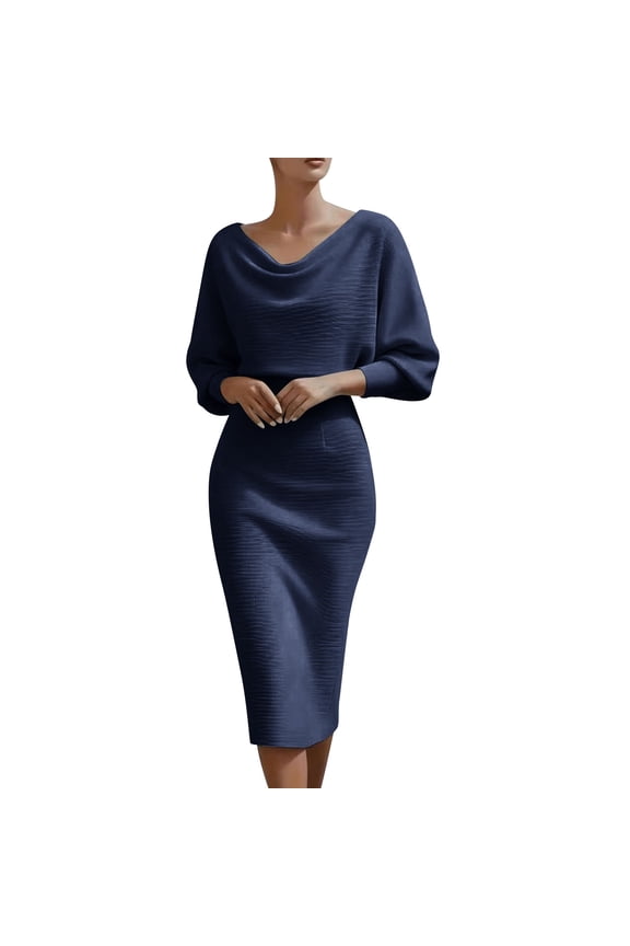 Work Dresses for Women Long Sleeve Sheath Business Dress Ruched Bodycon Office Cocktail Dress Navy,S