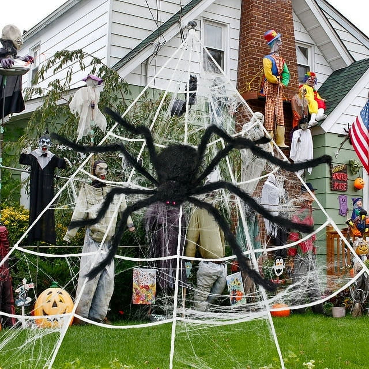 Huryfox 16ft Giant Spider Web + 50" Triangle Huge Spider Web for Indoor Outdoor Halloween Decoration Yard Home Party Haunted House Decoration