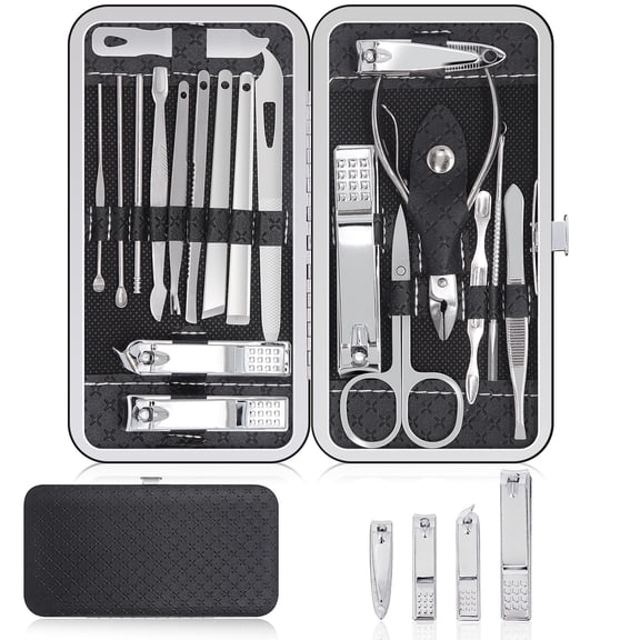 Huryfox 19 PCs Stainless Steel Nail Clippers Manicure Kit, Toenail Pedicure Tool Set for Men and Women(Black)