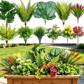 Huryfox 20 Pcs Artificial Plants Outdoor, Fake Tropical Plants & Flowers Mixed Pack, Faux Greenery Stems Boston Fern Shrubs for Home Garden Porch Window Box Decor