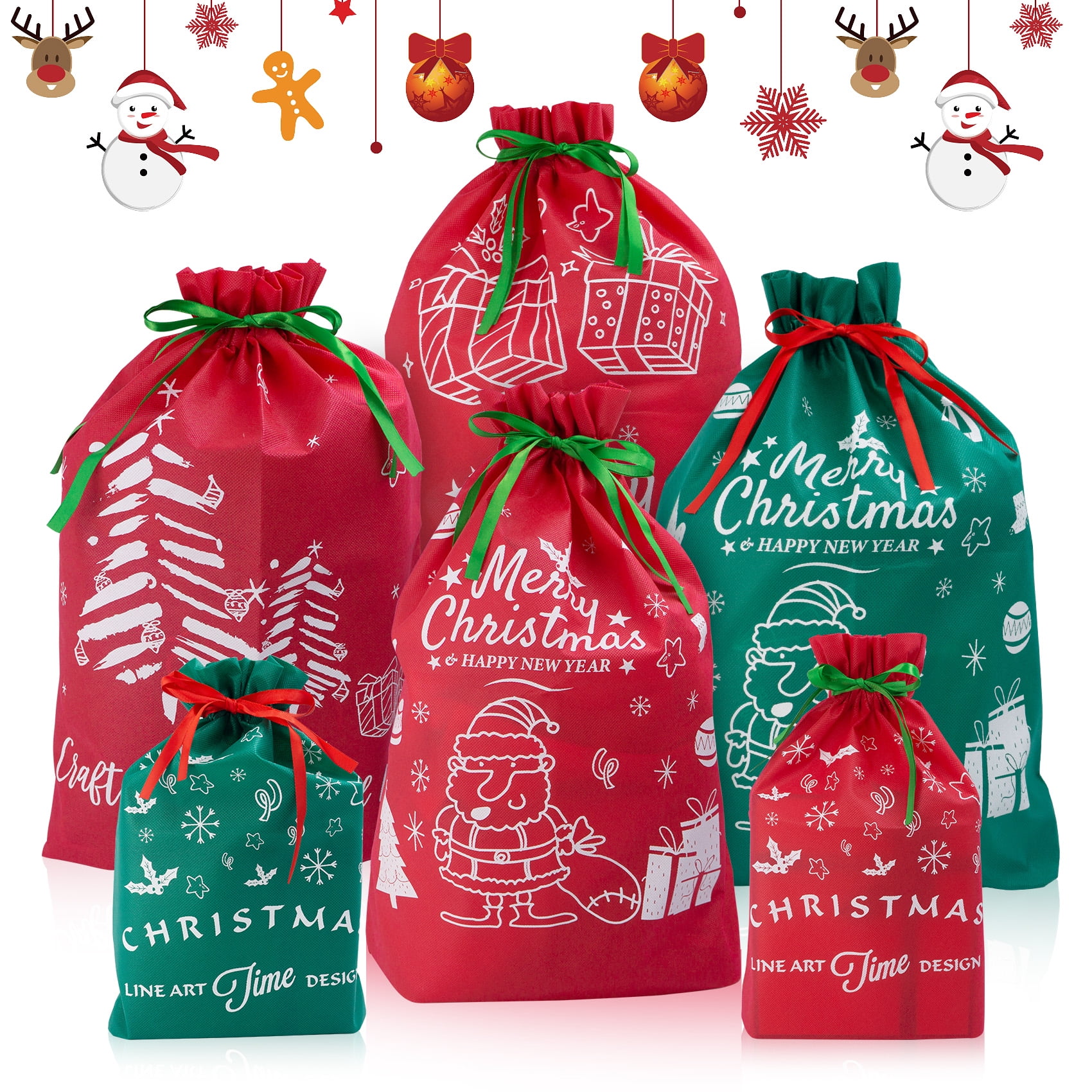 Huryfox Christmas Drawstring Gift Bags, 6Pcs Santa Sack Large and