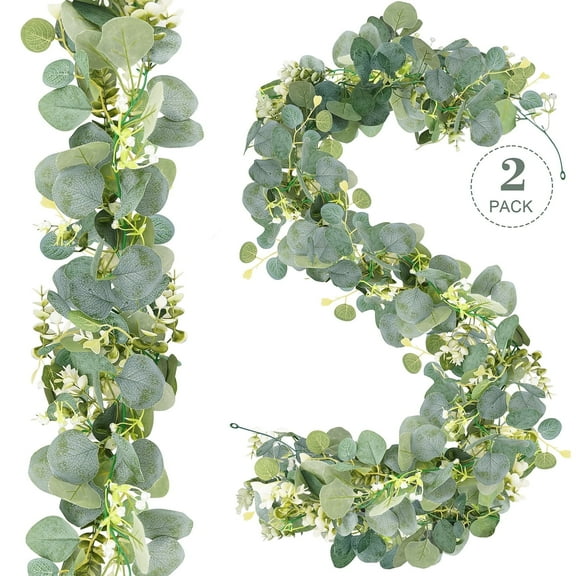 Huryfox Eucalyptus Garlands, 2 Pcs Lush Fake Plants Greenery Garland with Flowers- Artificial Hanging Green Vines, Perfect Wall Decor for Bedroom