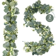 Huryfox Eucalyptus Garlands, 2 Pcs Lush Fake Plants Greenery Garland with Flowers- Artificial Hanging Green Vines, Perfect Wall Decor for Bedroom