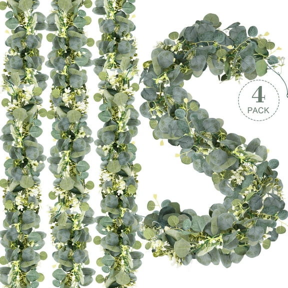 Huryfox 4pack Artificial Eucalyptus Garland – Fake Greenery Vines with Realistic Leaves & White Flowers for Wedding, Home Decor(Indoor/Outdoor)