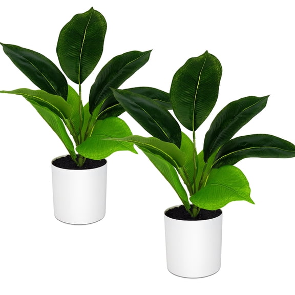 Huryfox Fake Plant Artificial Rubber Tree in White Pot Set of 2, 16 Inch Tall Potted Faux Plants for Home Decor Indoor Tabletop Shelf Living Room Bedroom Office