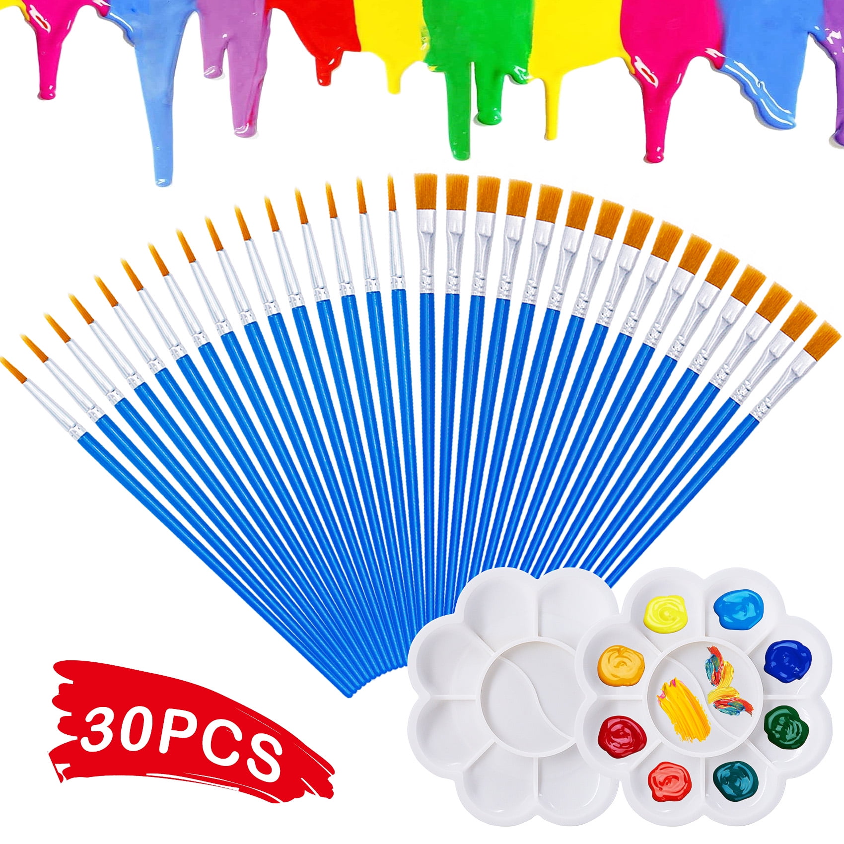 Huryfox Flat Paint Brushes Set, 30 Count Watercolor Brushes & 2 Paint Trays for Kids, Acrylic