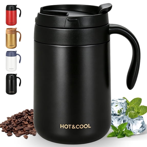 Huryfox Insulated Travel Mug - 16.9oz Double Wall Vacuum Stainless Steel Airtight Coffee Mug with Handle and Splash Lid for Cold/Hot Coffee, Tea (Black)
