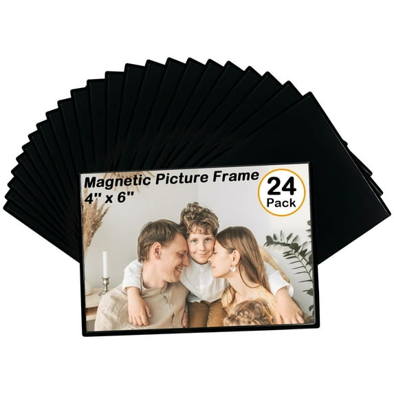 Hurzmoro 24-Piece Magnetic Picture Frame Set Holds 4X6 Inch Photos, Reusable Black Magnet Fridge Photo Sleeves for Refrigerator, Locker, and Office Cabinet, Includes 12 Free Removable Fridge Magnets