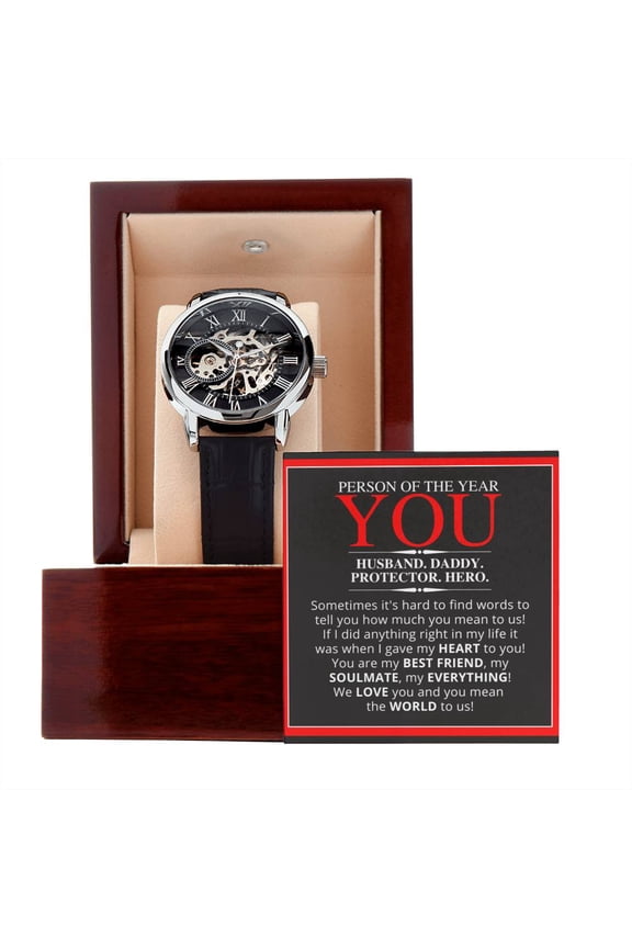 Husban, Dad - Person of the Year - Beautiful Timepiece Gift - Men's Openwork Watch - Mahogany Gift Box