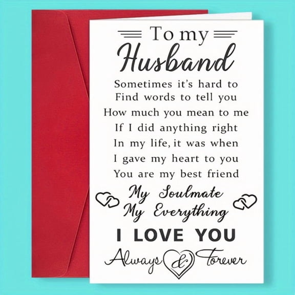 To My Husband Card Romantic Love Note with Heartfelt Message Perfect Gift for Anniversary, Valentines Day, or Just Because Includes Red Envelope