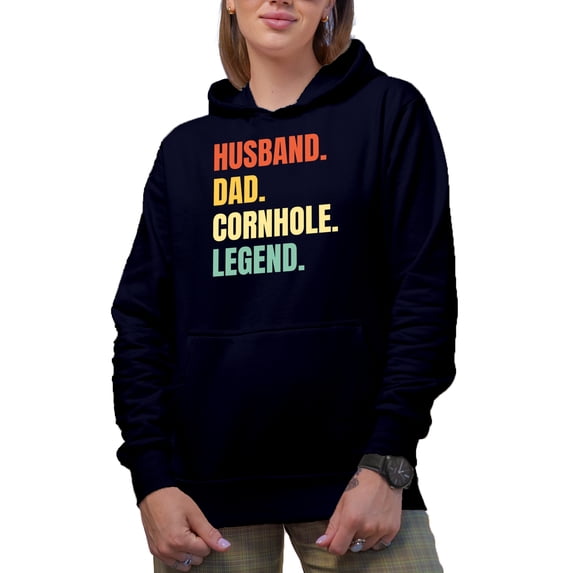 Husband. Dad. Cornhole Legend., Father's Day Bean Bag Toss Lawn Game Player Themed Gifts, Navy Blue Hooded Sweatshirt or Hoodie, Medium