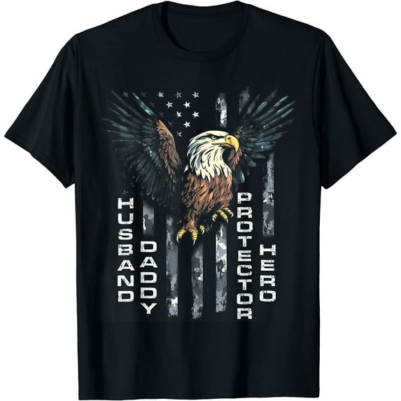 Husband Daddy Protector Hero Fathers Day American Flag T-Shirt Black 3X-Large