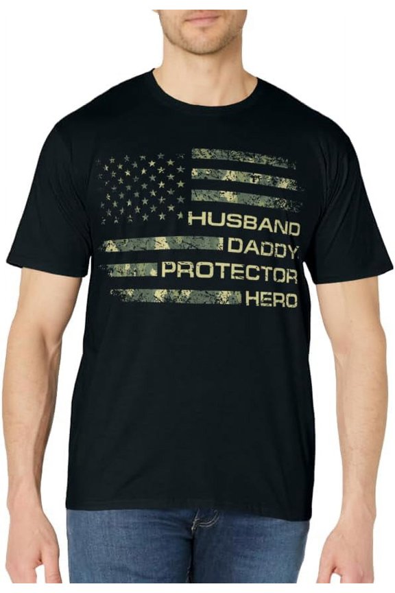 Husband Daddy Protector Hero Fathers Day Camo American Flag T-Shirt