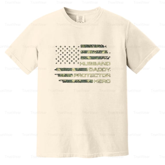 Husband, Daddy, Protector, Hero, Fathers Day, Flag, Family Man, Brave Comfort Color T-Shirt Unisex, up to 4XL