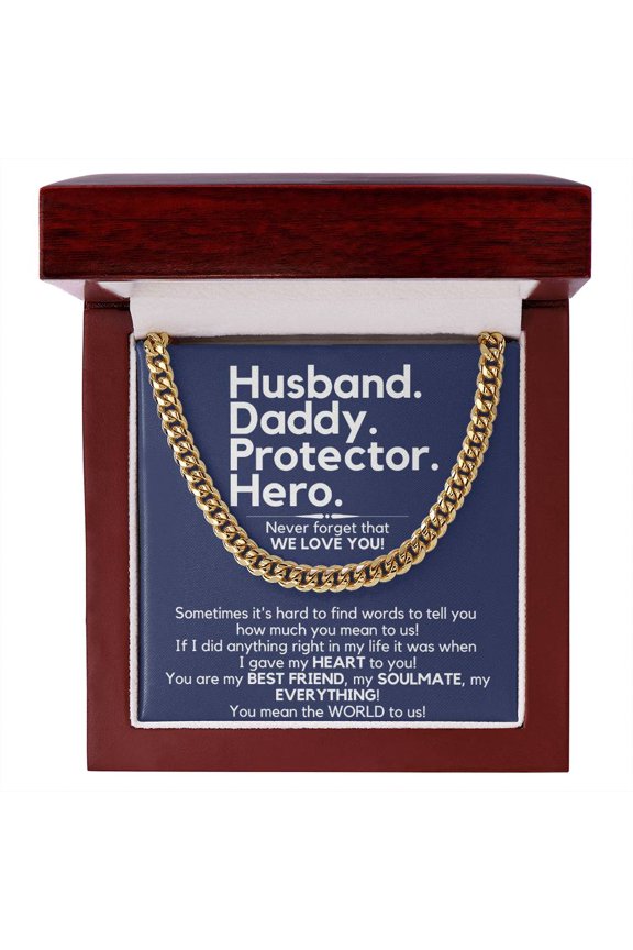 Husband Daddy Protector Hero - The Perfect gift for Him, Cuban Link Chain, Stainless Steel or Yellow Gold, Message Card & Gift Box
