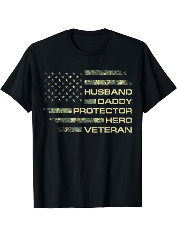 Husband Daddy Protector Hero Veteran USA Flag Camouflage Dad T-Shirt