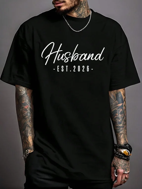 Husband Est 2026 Graphic Print Casual Streetwear Unisex Adult Wedding Anniversary Gift Cotton Men's Women's Tee Shirt