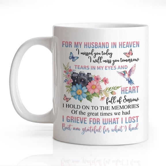 For My Husband In Heaven 11oz Double-Sided Ceramic Mug, Memorial Husband Mug for Mom, Memorial Coffee Cup for Couple, Funeral Sympathy Gifts for Loss of Spouse, Bereavement Gifts For Auntie