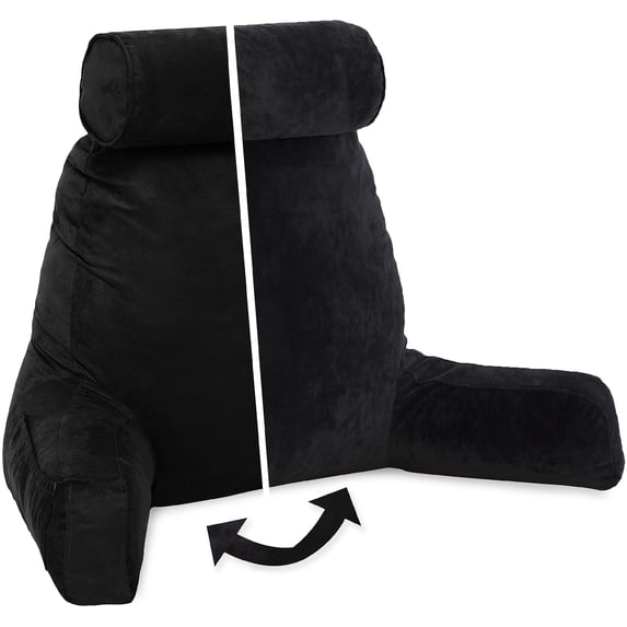 Husband Pillow, Aspen Edition - Reading and Bed Rest Pillow with Arms - Neck Roll on Bungee Cord or Removable - Premium Memory Foam - Reversible Two-Sided Cover Microsuede or Microfiber, Stable Black