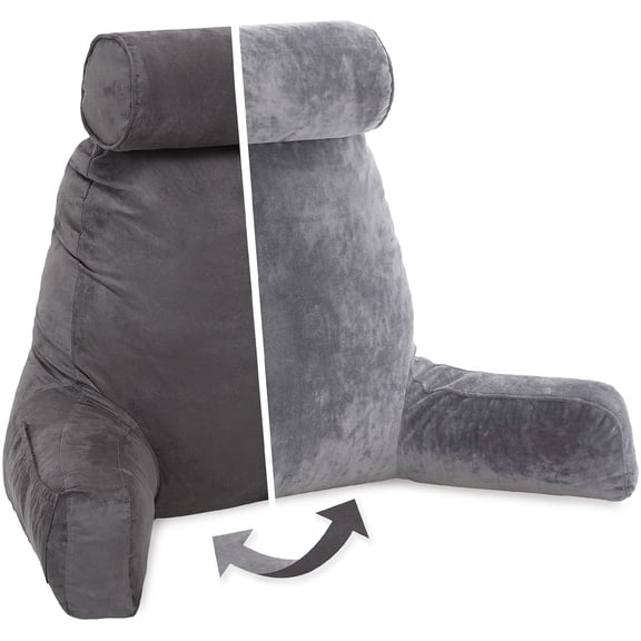 Husband Pillow, Aspen Edition - Reading and Bed Rest Pillow with Arms - Neck Roll on Bungee Cord or Removable - Premium Memory Foam - Reversible Two-Sided Cover Microsuede or Microfiber, Iron Grey