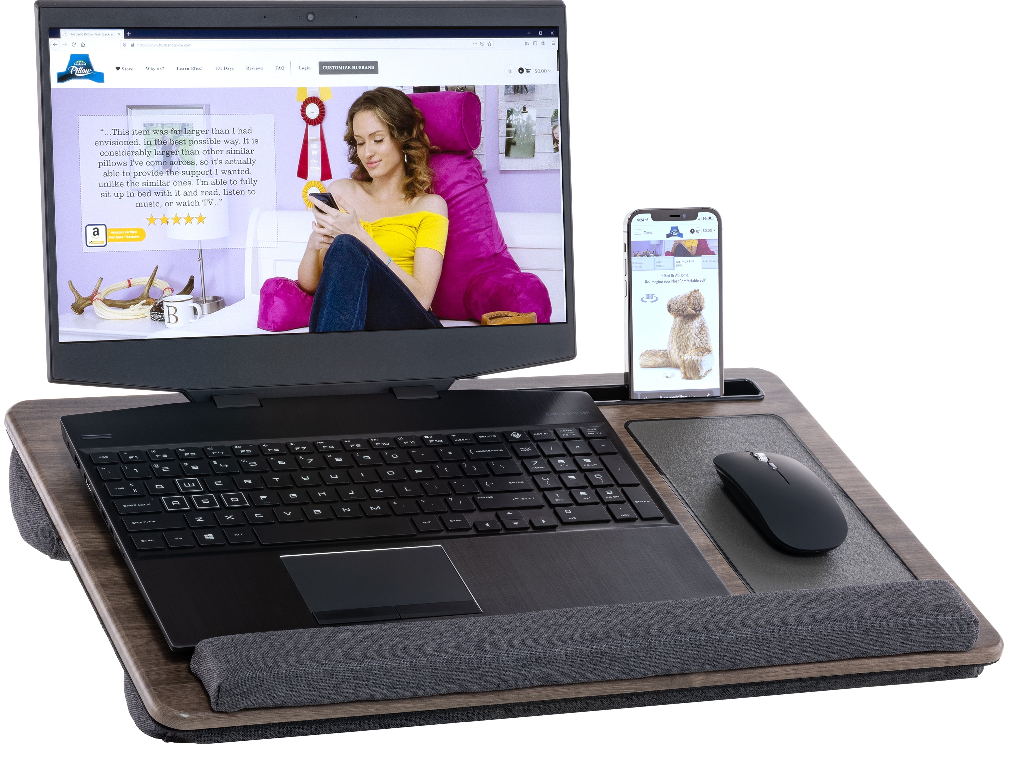 Husband Pillow - Bed Tray Desk, Adjustable Hard Wood PVC Desktop Lap Desk, Portable Laptop Table Stand Foldable Laptop Tray for Sofa Couch Floor (Large, Gray)